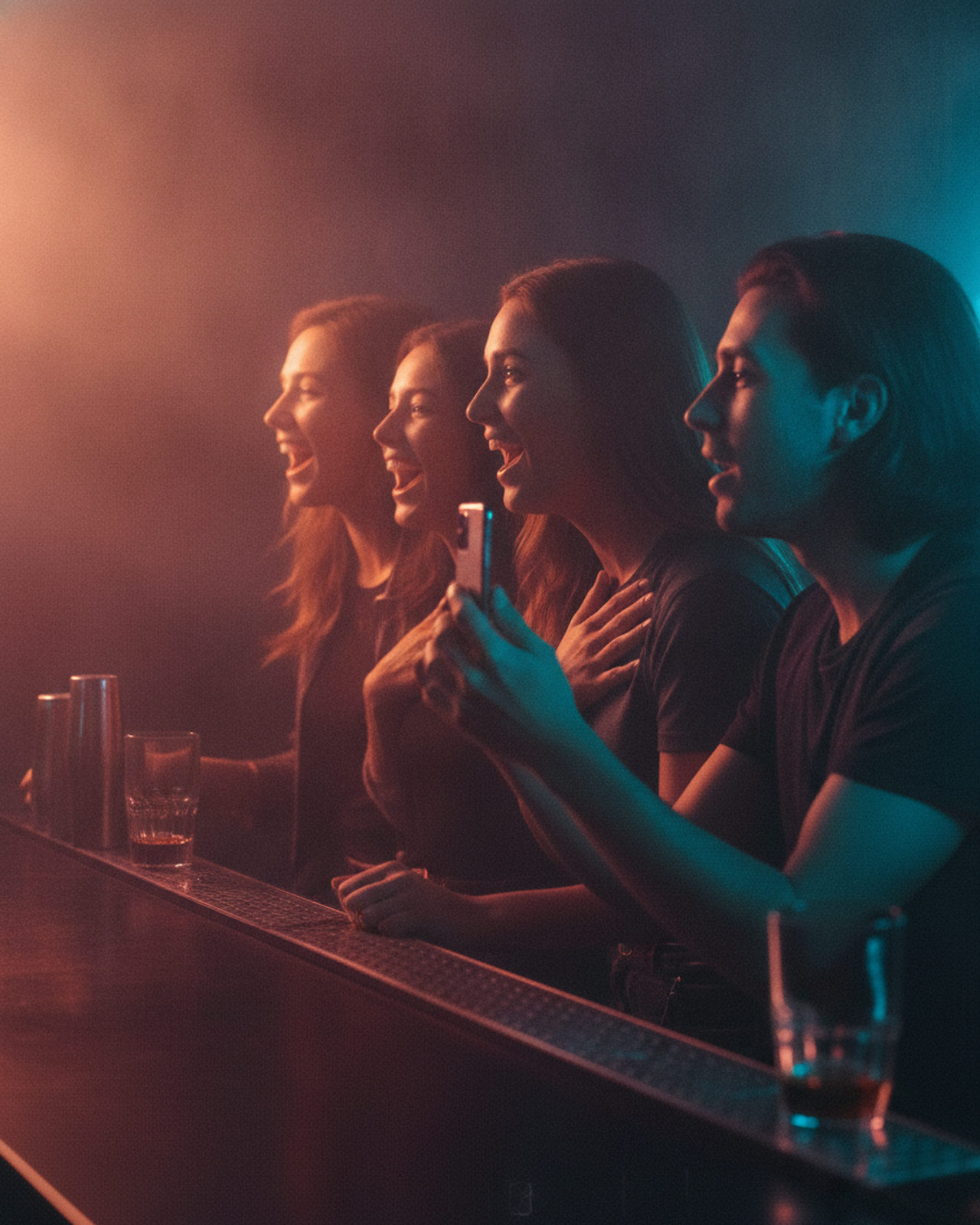 Four friends at a bar seen in profile, faces lit and delighted as they watch something off frame, one filming it on a phone