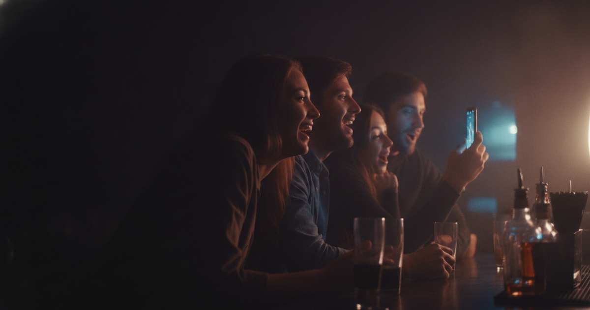 Four friends at a bar seen in profile, faces lit and delighted as they watch something off frame, one filming it on a phone