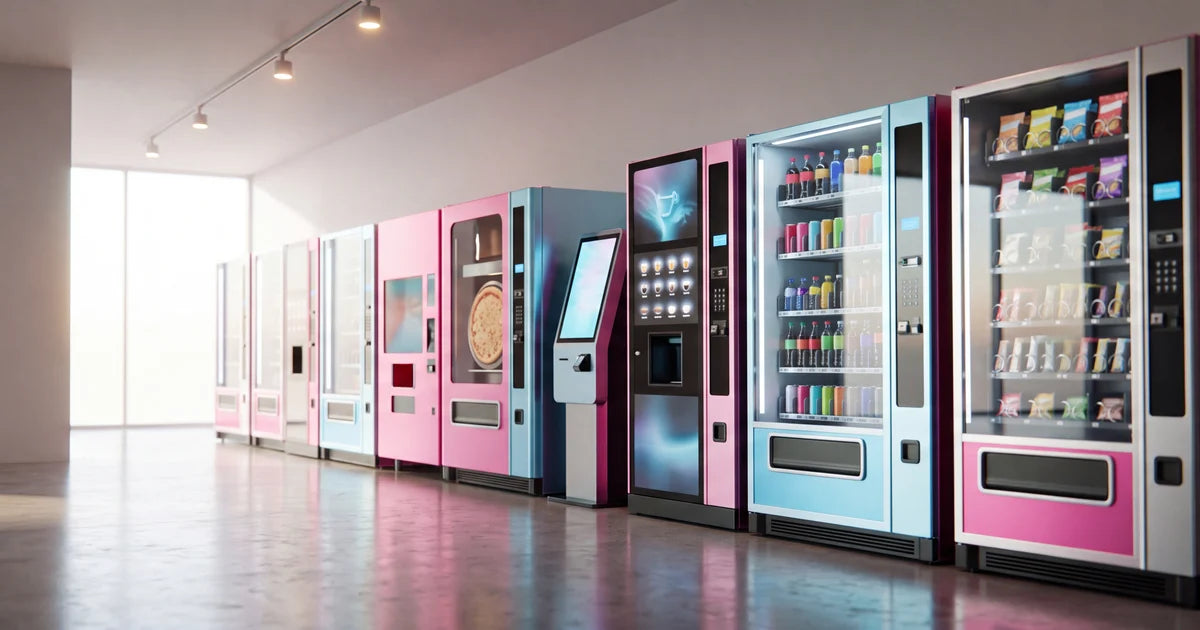 A row of different vending machines lit along the wall of a bright showroom