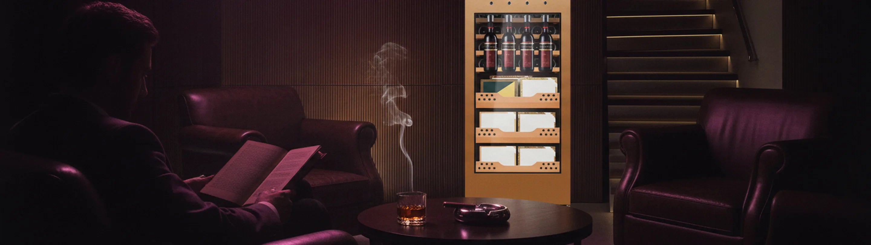 Cigar lounge, a cedar-lined humidor and wine cabinet lit against a dark wood wall, leather armchairs and a whiskey glass beside an ashtray with a resting cigar