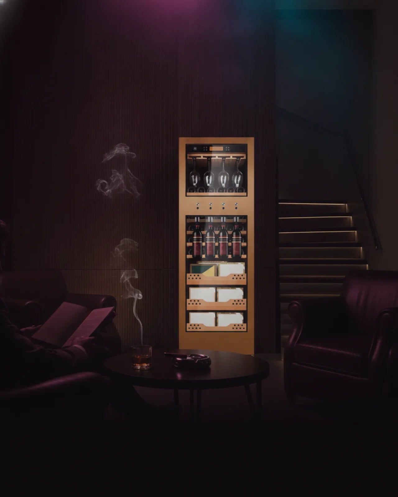 Cigar lounge corner with a lit humidor and wine cabinet, a low table with whiskey and a smoking cigar