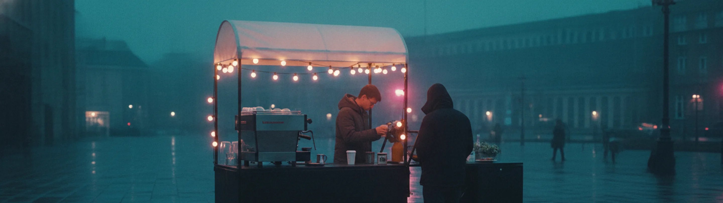 Coffee bike on a city square at dusk, a barista at the espresso machine under string lights and a customer waiting