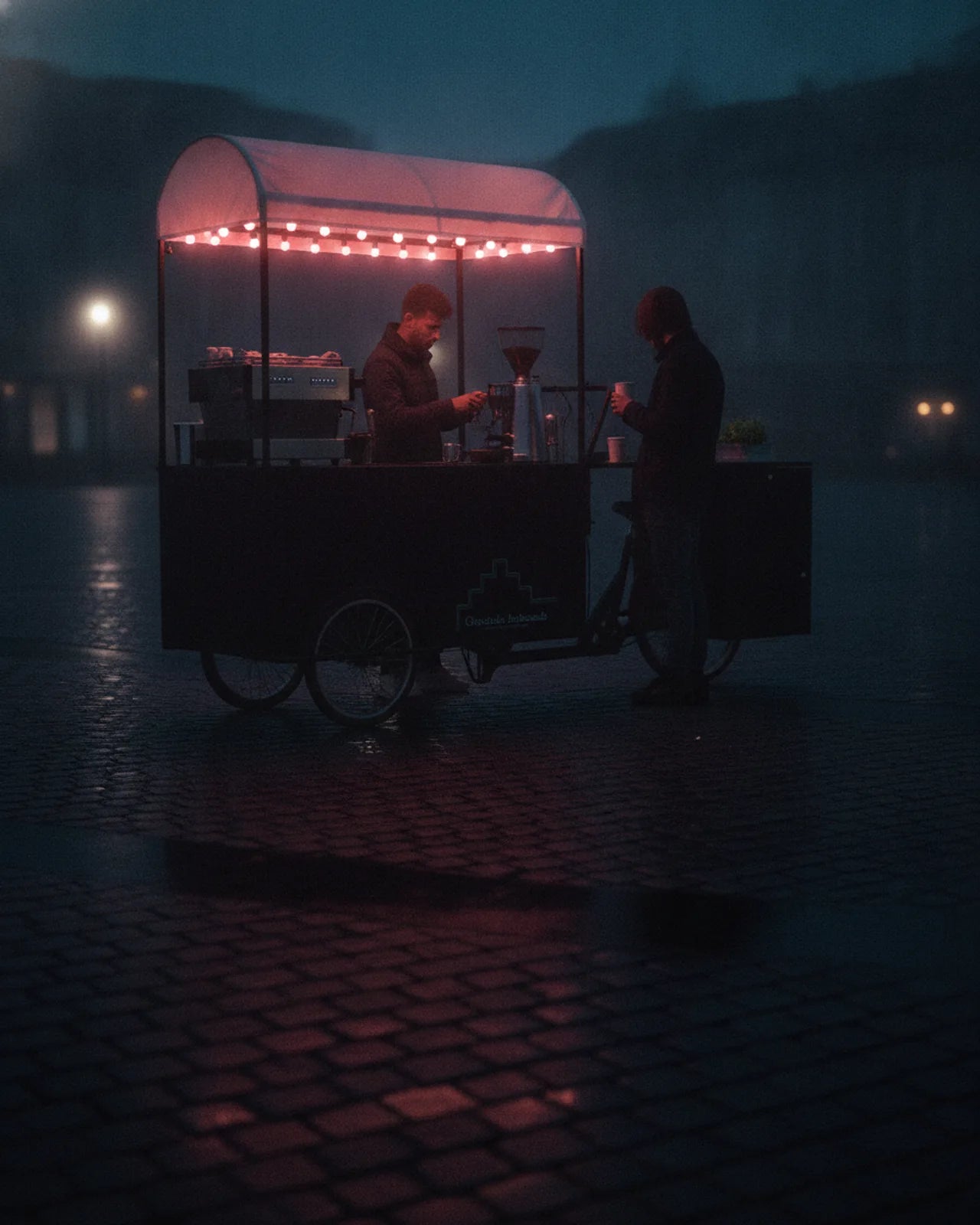 Coffee tricycle with a canopy of string lights on a wet square, barista and customer at the counter