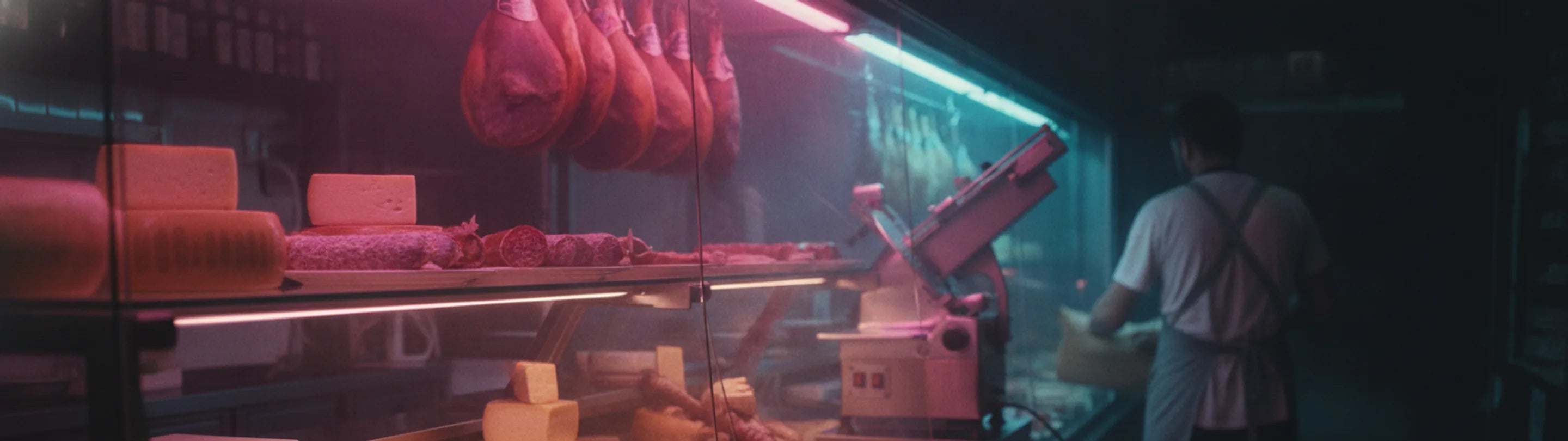Deli and cheese counter, cheese wheels, salami and hanging hams behind glass, a meat slicer and a deli worker in an apron