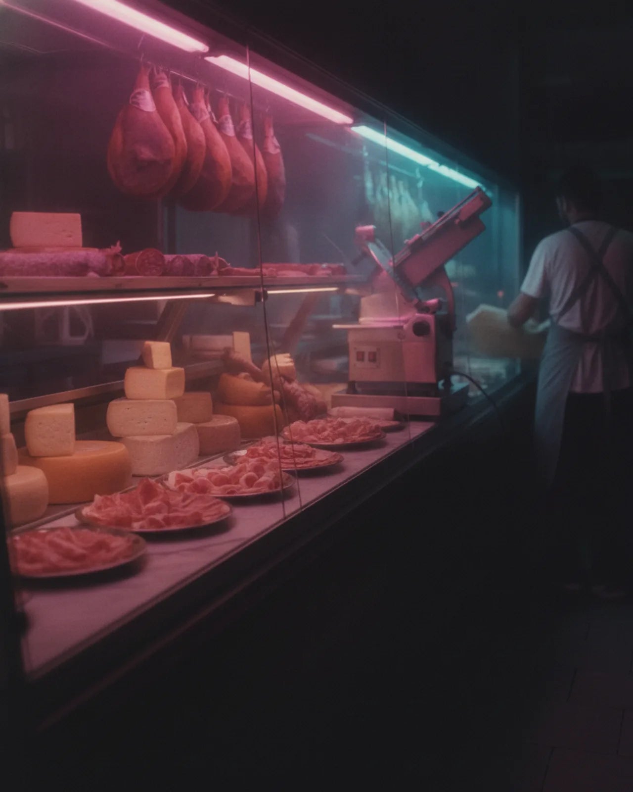 Deli display case with cheese wheels and plates of sliced charcuterie, hams hanging above and a slicer behind the glass