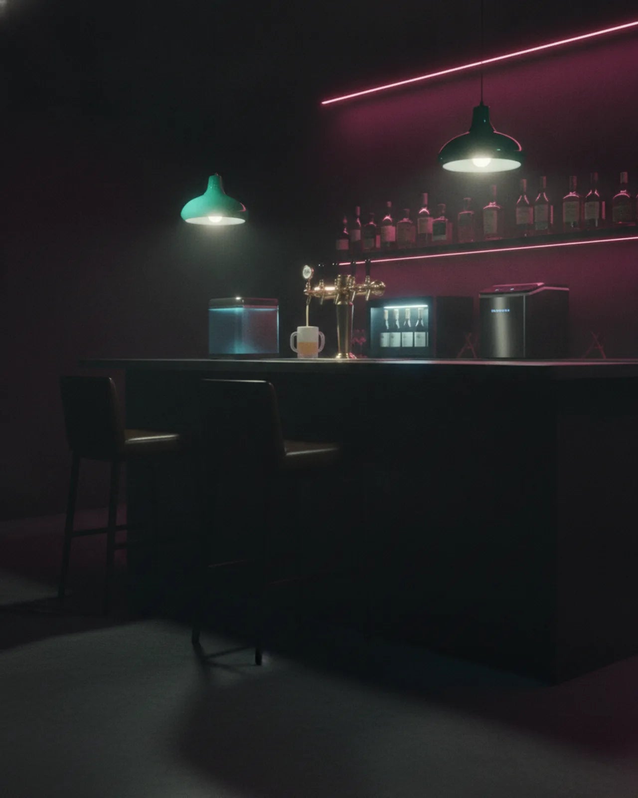 Close view of a home bar counter: the draft tower mid-pour, the wine dispenser lit behind it and two leather stools at the counter edge