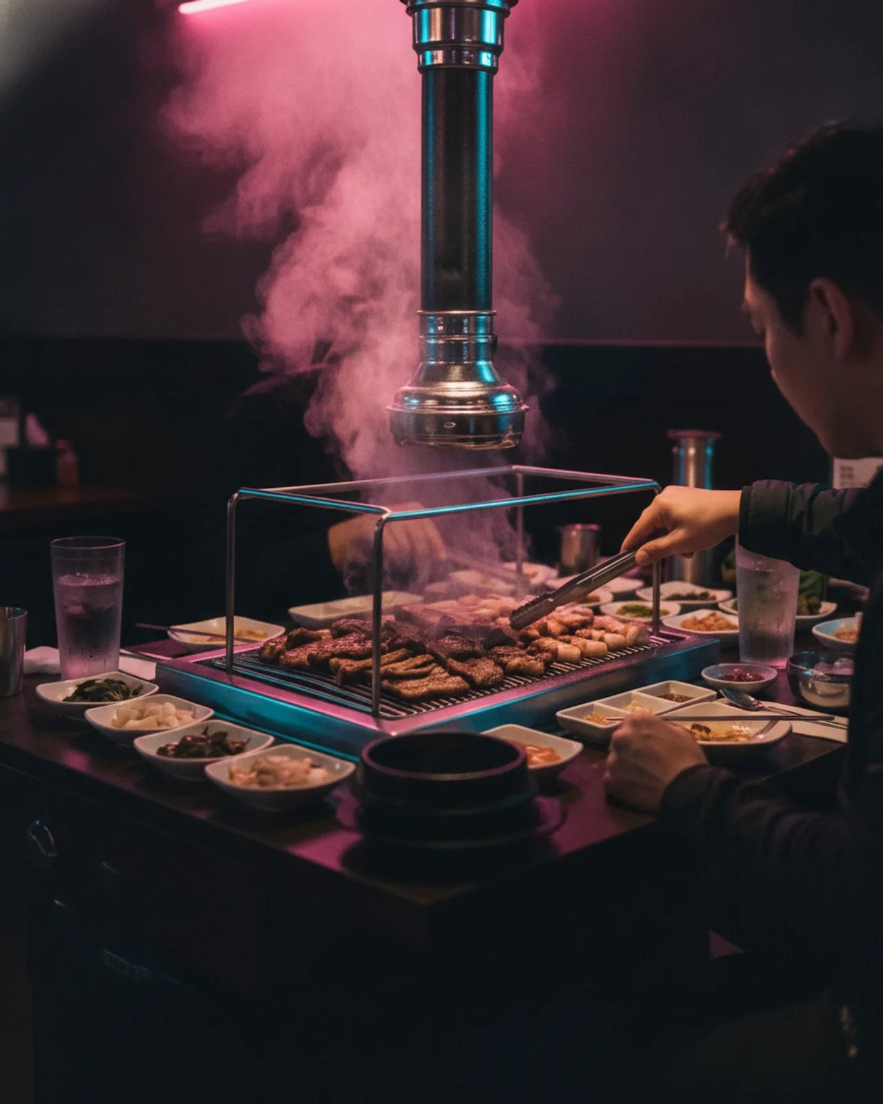 The table grill and its overhead duct seen from the far end of the table, smoke lit pink, banchan dishes across the foreground