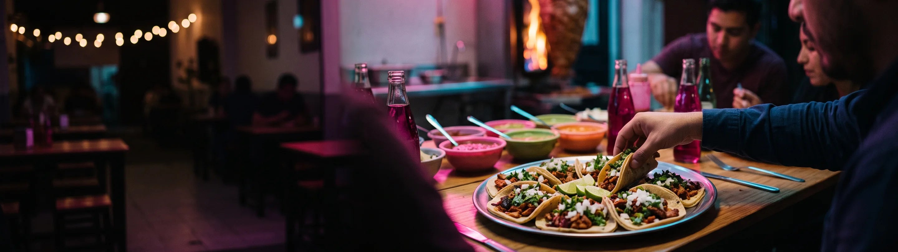 A metal platter of street tacos with coriander, onion and lime on a wooden table, coloured salsa bowls and soda bottles beside it, the flame of an al pastor trompo behind