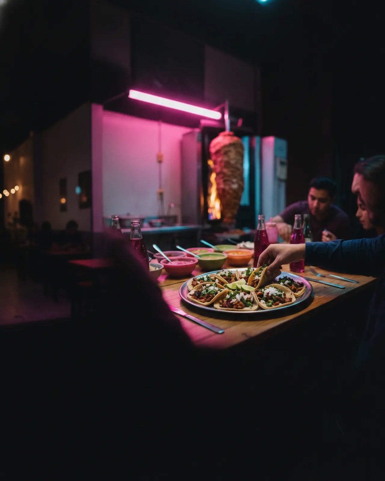 The taco platter close across the table, a hand reaching in, the lit trompo turning against the back wall of the taqueria