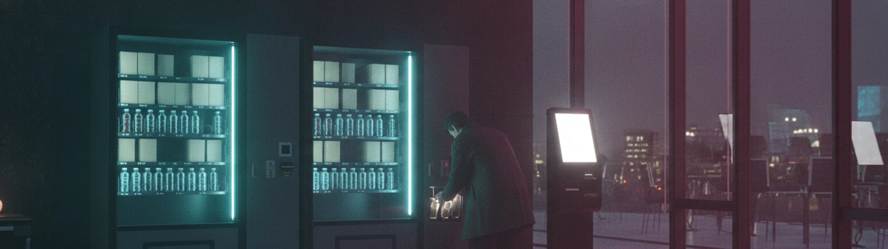 Unattended micro-market in an office lobby at night, two refrigerated vending machines with water and snack boxes, a customer at the pickup tray and a self-checkout kiosk by the window