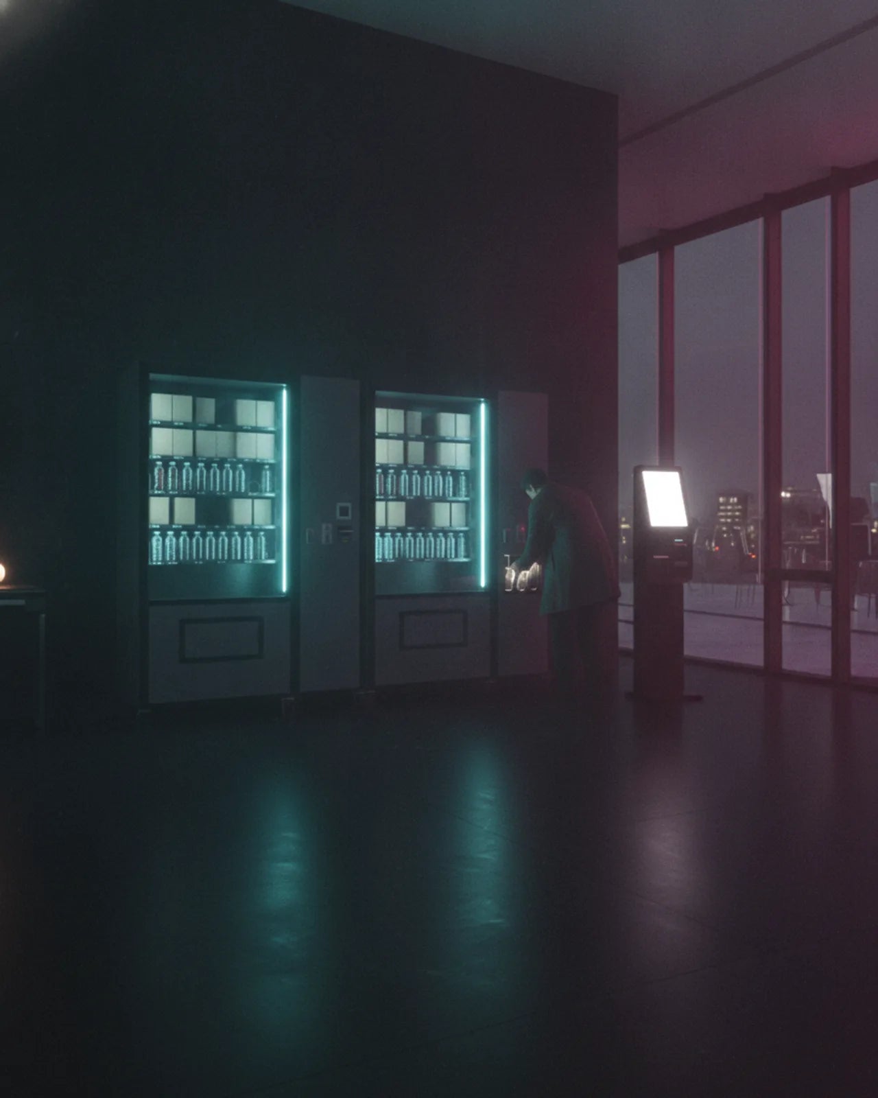 Office lobby micro-market, vending machines glowing cyan beside a self-checkout kiosk