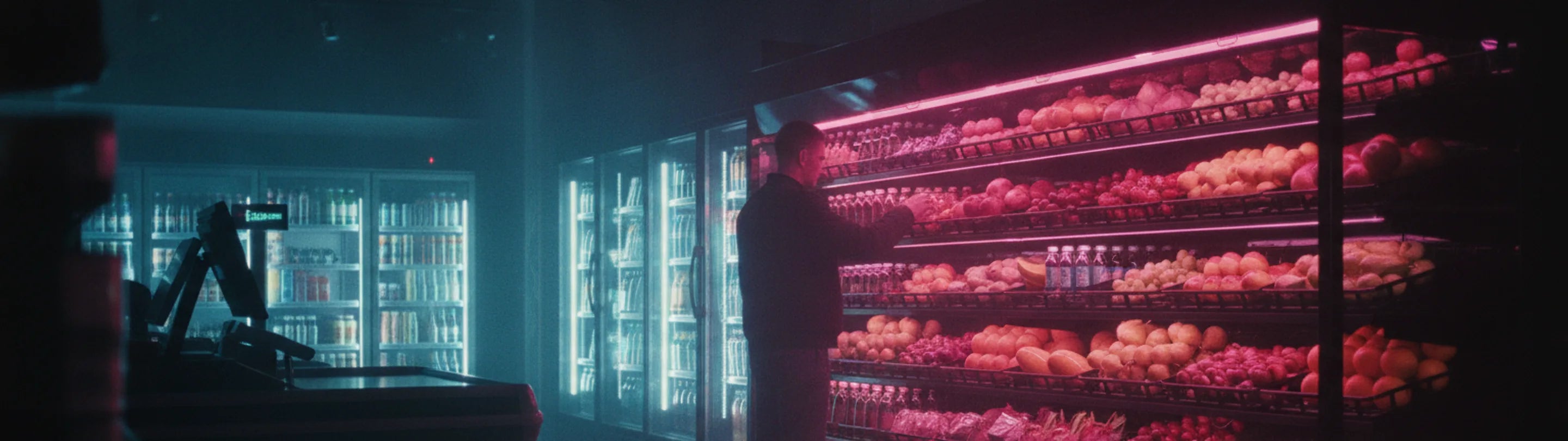 Mini-market aisle at night, an open multideck chiller stocked with fruit and drinks beside glass-door fridges and a checkout counter