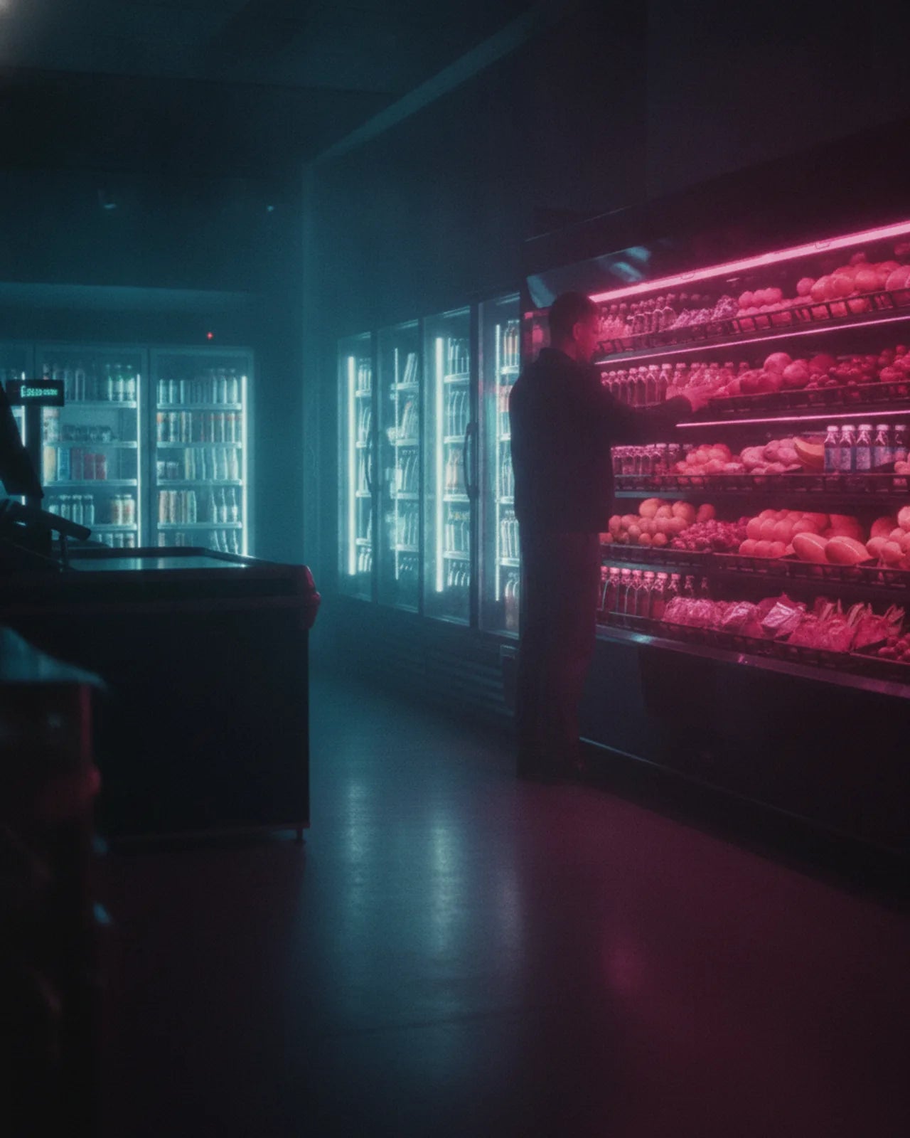 Shop assistant at an open multideck chiller of fruit and bottled drinks, glass-door fridges glowing along the wall