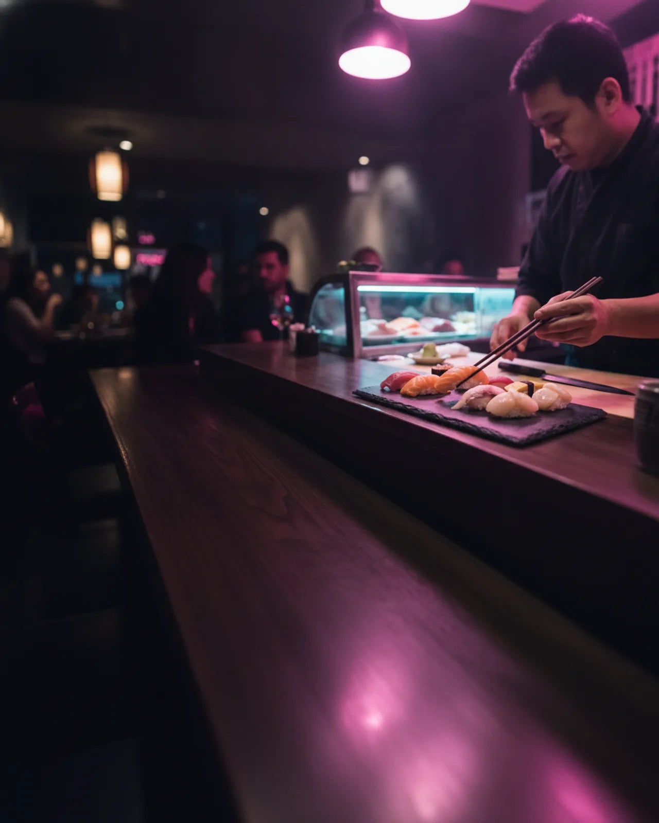 Sushi chef plating nigiri with chopsticks beside a refrigerated glass display counter