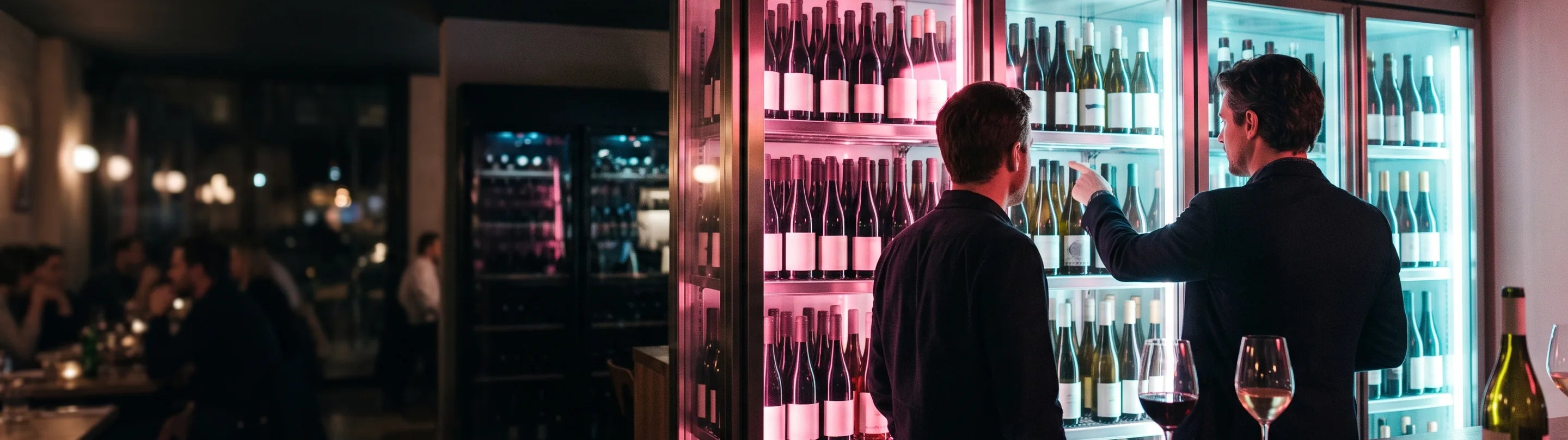 Bartender pouring red wine into a glass at a wine bar counter, backlit bottle wall behind