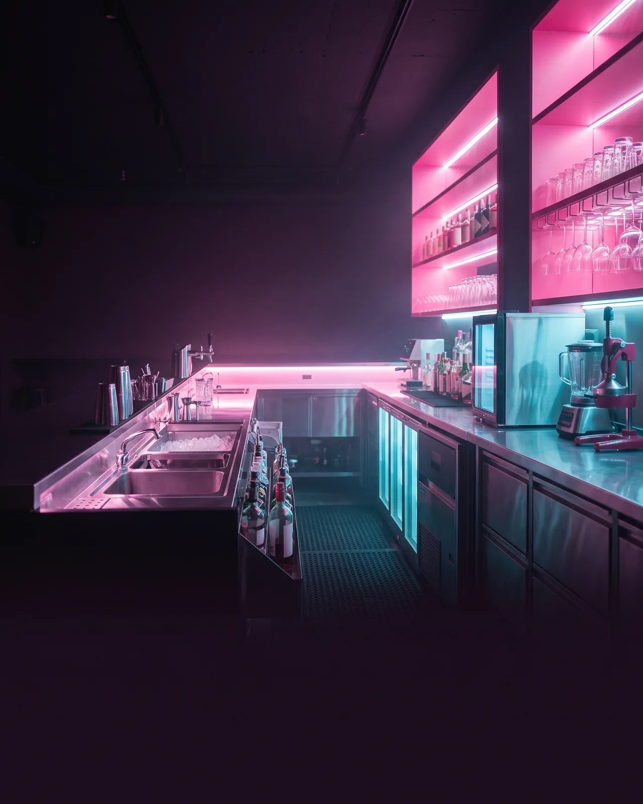 Bar counter under warm light with glassware, taps and a barista station in the background